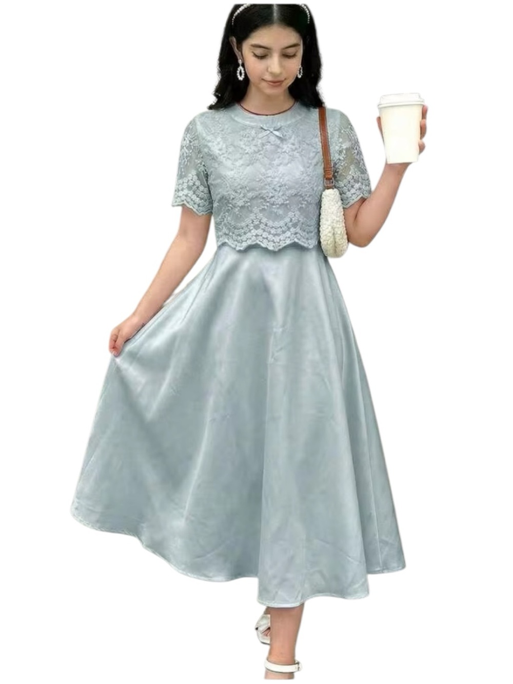 Shein Teen Girls Sage Green Lace Patchwork Satin Elegant Charming Party Dress